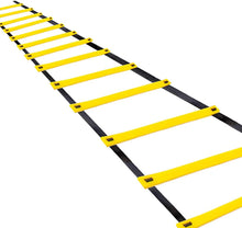 Load image into Gallery viewer, This agility ladder is a great tool for you to improve quickness, leg strength, and balance through accelerated foot strike and lift frequency. It will help lose weight as it can TORCH CALORIES bigtime. Ladder is 12 feet long. 8 durable plastic rungs. Each rung is 20 inches long
